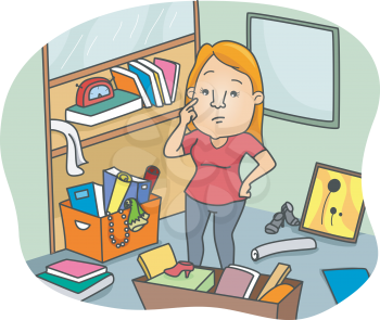 Royalty Free Clipart Image of a Woman in a Clutter Office