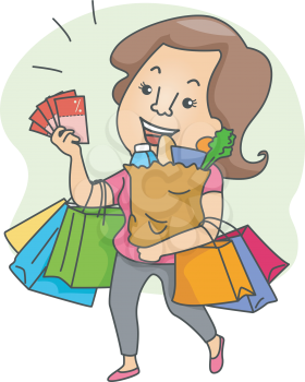 Royalty Free Clipart Image of a Woman Shopping With Coupons