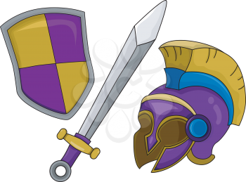 Royalty Free Clipart Image of a Gladiator's Helmet, Shield and Sword