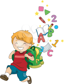 Royalty Free Clipart Image of a Little Boy With a Backpack and ABC, 123 Behind Him
