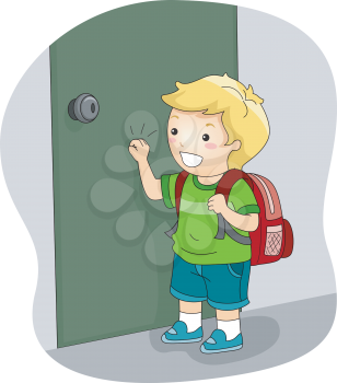 Royalty Free Clipart Image of a Boy With a Backpack at a Door