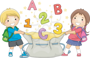 Royalty Free Clipart Image of a Boy and Girl Holding a Bag of ABCs
