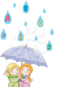 Royalty Free Clipart Image of Children Under an Umbrella With ABC and 123 Raindrops