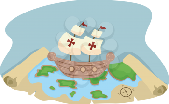 Royalty Free Clipart Image of a Pirate Ship and Treasure Map