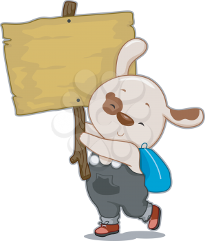 Royalty Free Clipart Image of a Dog Holding a Wooden Sign