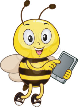 Royalty Free Clipart Image of a Bee Holding a Tablet