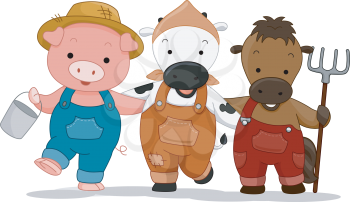 Royalty Free Clipart Image of Farms Animals Dressed in Clothes