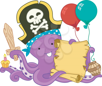 Royalty Free Clipart Image of a Pirate Octopus With Balloons