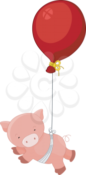Royalty Free Clipart Image of a Pig Tied to a Balloon