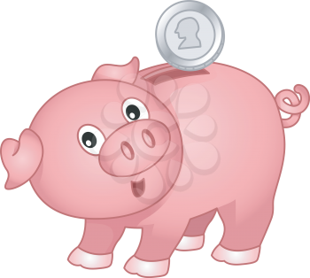 Royalty Free Clipart Image of a Coin Going in a Surprised Piggy Bank