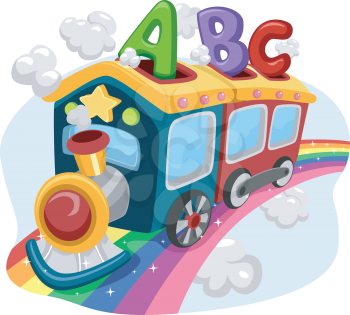 Royalty Free Clipart Image of a Train on a Rainbow