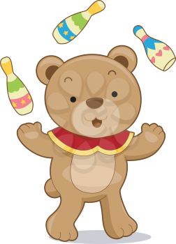Royalty Free Clipart Image of a Bear Juggling Bowling Pins