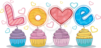 Royalty Free Clipart Image of the Word Love and Cupcakes