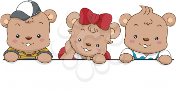 Royalty Free Clipart Image of Three Bears Holding a Board