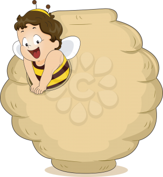 Royalty Free Clipart Image of a Child in a Bee Costume Coming From a Hive