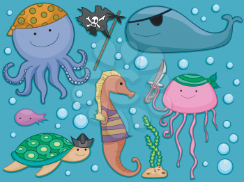 Royalty Free Clipart Image of Underwater Creatures Dressed as Pirates