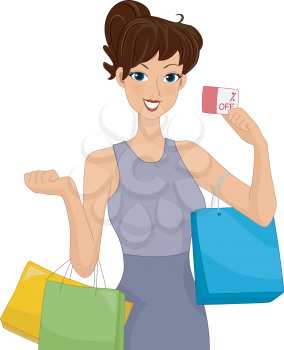 Royalty Free Clipart Image of a Woman With Shopping Bags Holding a Discount Card in Her Hand
