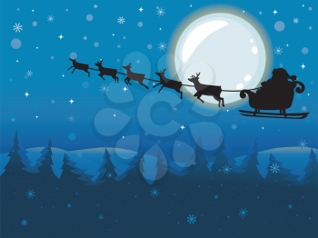 Royalty Free Clipart Image of a Silhouette of Santa Against the Sky and Moon