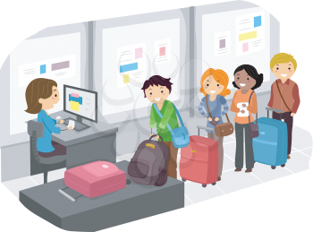 Royalty Free Clipart Image of People in a Line to Check Their Luggage at an Airport