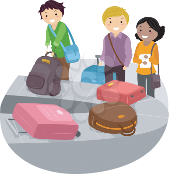 Royalty Free Clipart Image of People Picking Up Their Luggage