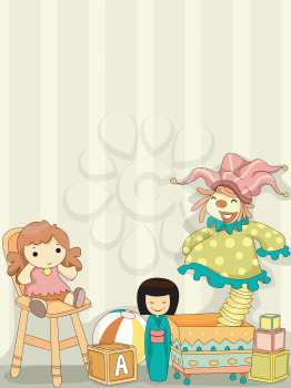 Royalty Free Clipart Image of a Doll and Toy Background