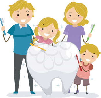 Royalty Free Clipart Image of a Family Holding a Big Tooth and Toothbrushes