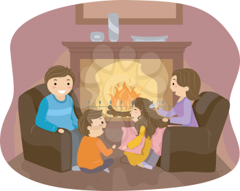 Royalty Free Clipart Image of a Family by the Fireplace