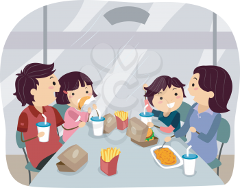 Royalty Free Clipart Image of a Family Eating Fast Food