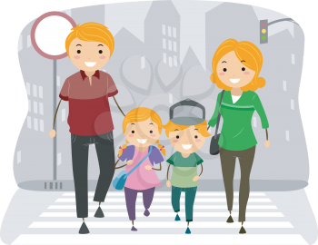 Royalty Free Clipart Image of a Family Crossing a Road