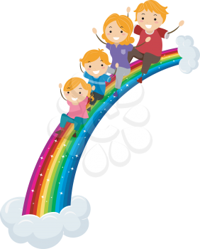 Royalty Free Clipart Image of a Family Sliding Down a Rainbow
