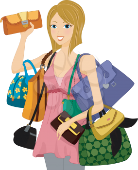 Royalty Free Clipart Image of a Woman Carrying an Assortment of Handbags