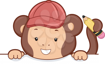 Royalty Free Clipart Image of a Monkey Holding a Pencil in Its Tail