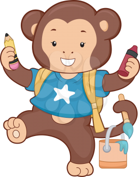 Royalty Free Clipart Image of a Monkey With School Supplies
