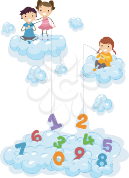 Royalty Free Clipart Image of Children Fishing For Numbers From Clouds