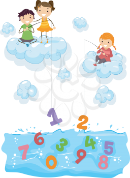 Royalty Free Clipart Image of Children on Clouds Fishing for Numbers
