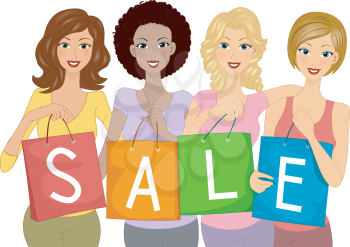Royalty Free Clipart Image of Woman Holding Bags That Spell Sale