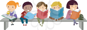 Royalty Free Clipart Image of Children Reading on a Bench