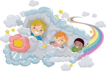 Royalty Free Clipart Image of Kids on a Cloud Train
