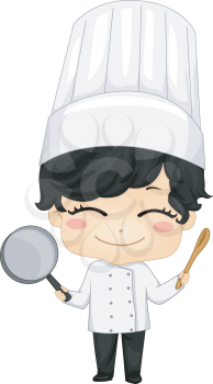 Royalty Free Clipart Image of a Little Chef With a Spoon and Pan