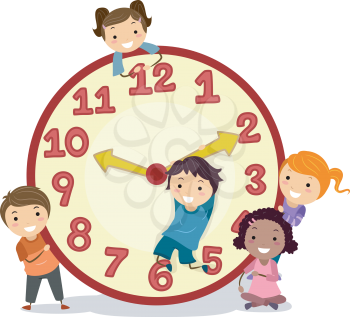 Royalty Free Clipart Image of Children on a Clock