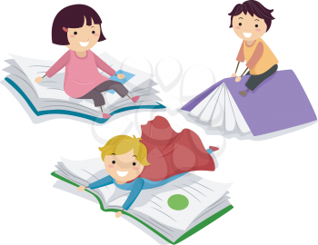 Royalty Free Clipart Image of Children on Big Books
