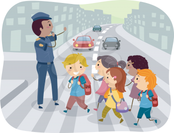 Royalty Free Clipart Image of Children Crossing at a Crosswalk