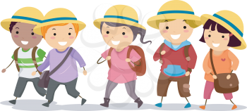 Royalty Free Clipart Image of a Children All Wearing the Same Hat