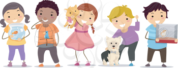 Royalty Free Clipart Image of Children With Their Pets