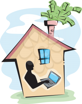 Royalty Free Clipart Image of a Male Silhouette in a House With a Laptop