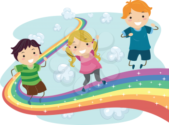 Royalty Free Clipart Image of Children on a Rainbow