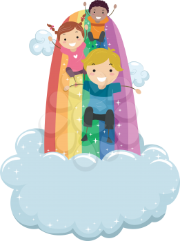 Royalty Free Clipart Image of Children Sliding Down a Rainbow