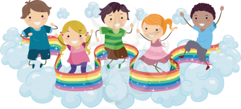 Royalty Free Clipart Image of Children in a Rainbow Swirl on Clouds