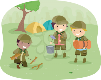 Royalty Free Clipart Image of Boy Scouts at a Campsite