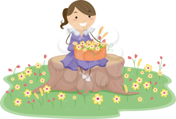 Royalty Free Clipart Image of a Little Girl on a Tree Stump With a Basket of Flowers